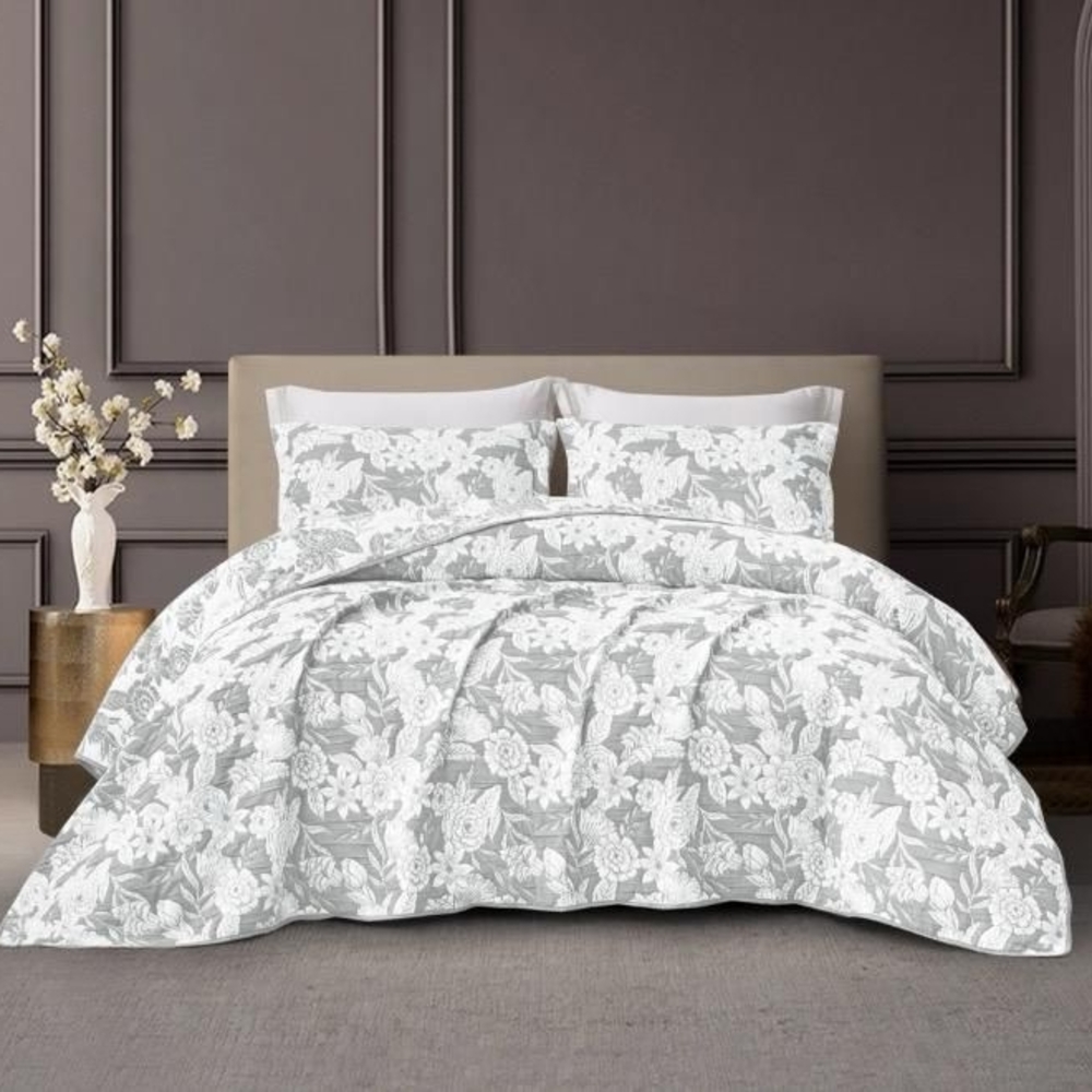 CHARLOTTE FLOWERS LIGTH GRAY COLOR DECORATIVE BEDSPREAD SET 3 PCS QUEEN SIZE